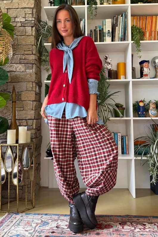 Jasper Plaid Brushed Cotton Shelby Barrel Pant Morello